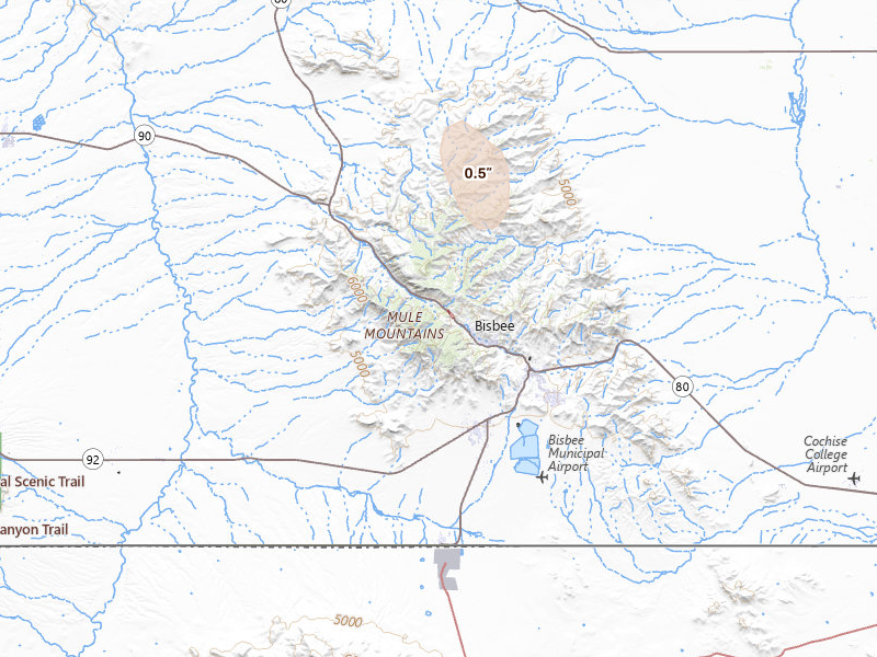 Radar-estimated hail-size map of the storm over Bisbee, AZ on Jul 9, 2026