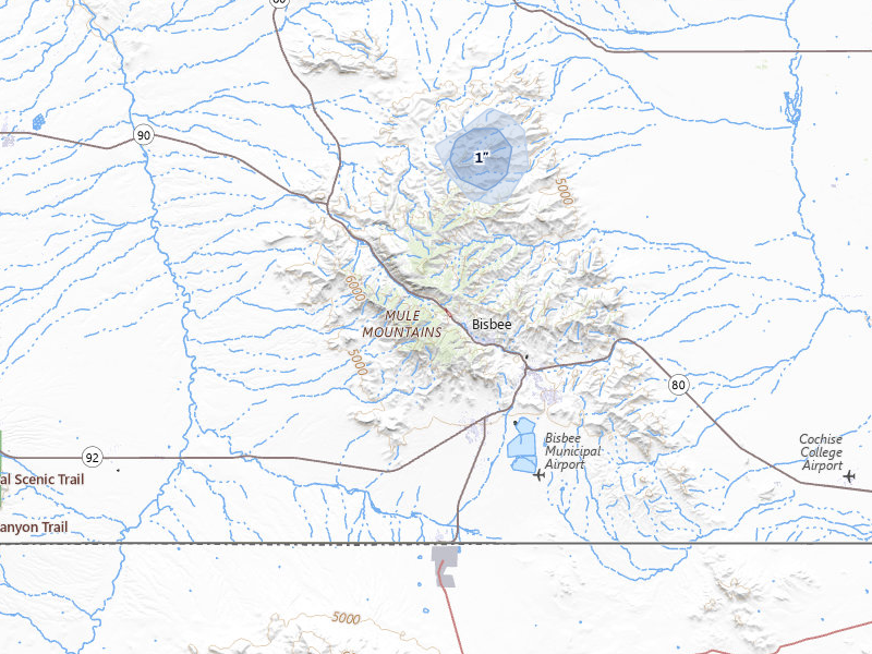 NEXRAD radar-signature map of the hail storm over Bisbee, AZ on Jul 9, 2026