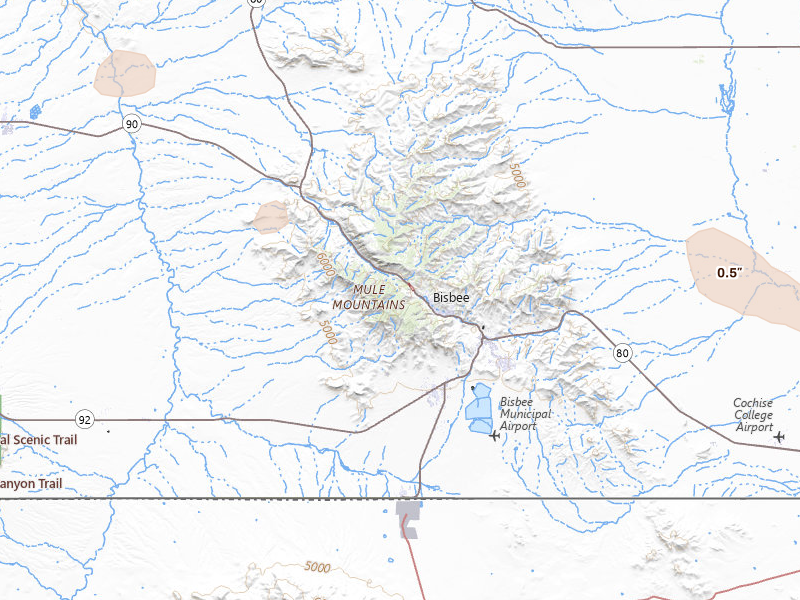 Radar-estimated hail-size map of the storm over Bisbee, AZ on Jul 12, 2026