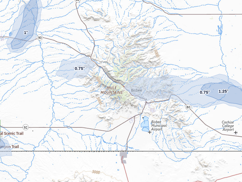 NEXRAD radar-signature map of the hail storm over Bisbee, AZ on Jul 12, 2026