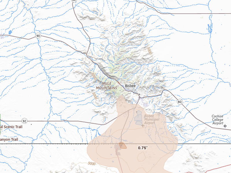 Radar-estimated hail-size map of the storm over Bisbee, AZ on Jul 27, 2026