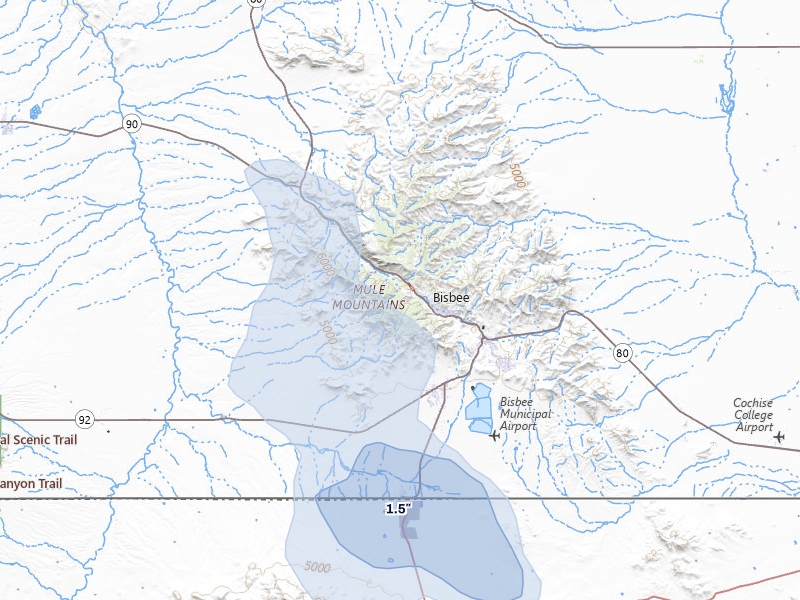 NEXRAD radar-signature map of the hail storm over Bisbee, AZ on Jul 27, 2026