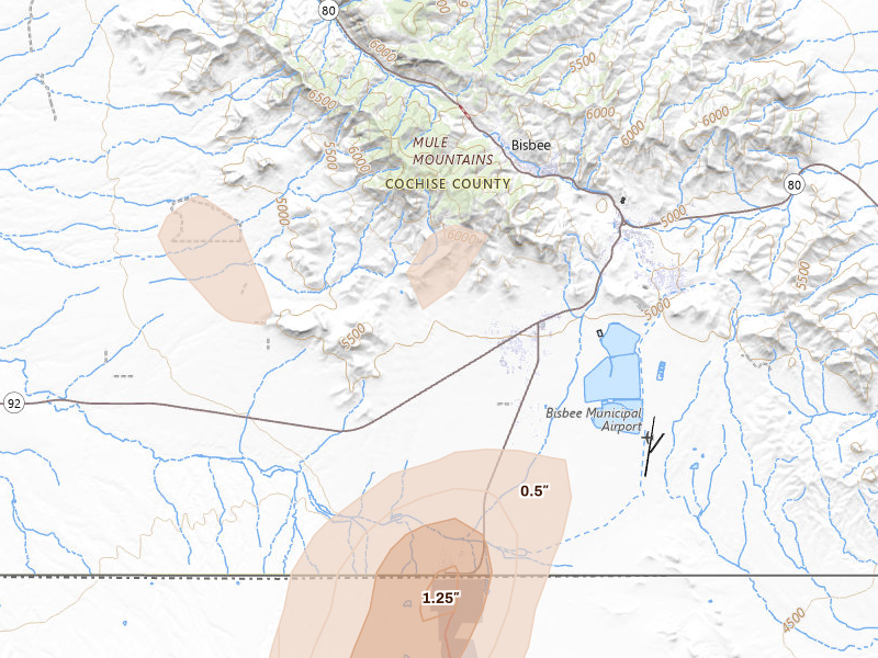 Radar-estimated hail-size map of the storm over Bisbee, AZ on Aug 3, 2026