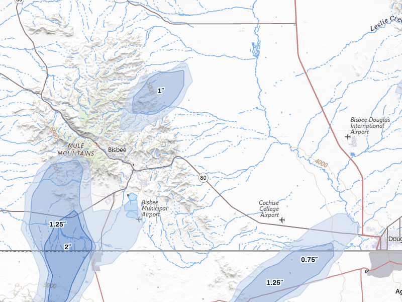 NEXRAD radar-signature map of the hail storm over Bisbee, AZ on Aug 3, 2026