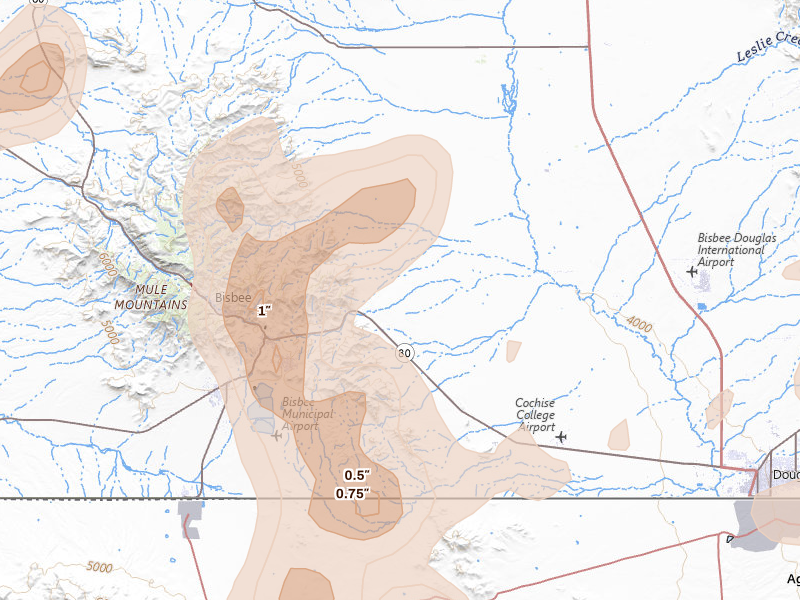 Radar-estimated hail-size map of the storm over Bisbee, AZ on Aug 5, 2026