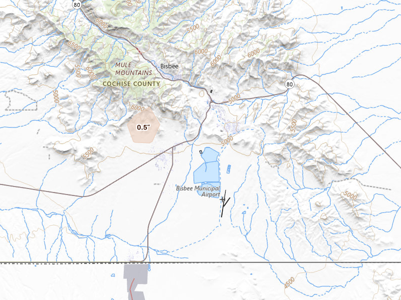 Radar-estimated hail-size map of the storm over Bisbee, AZ on Aug 10, 2026