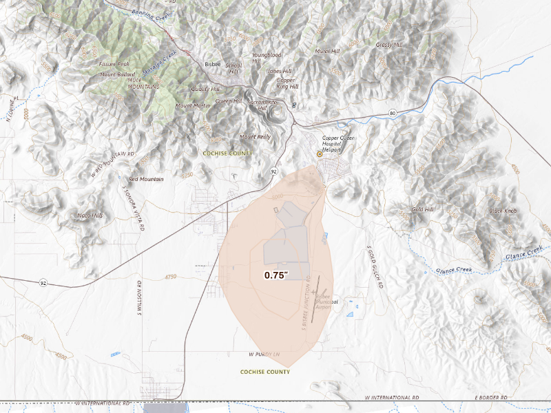Radar-estimated hail-size map of the storm over Bisbee, AZ