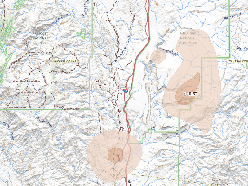 Radar-estimated hail-size map of the storm over Black Canyon City, AZ on Sep 23, 2026