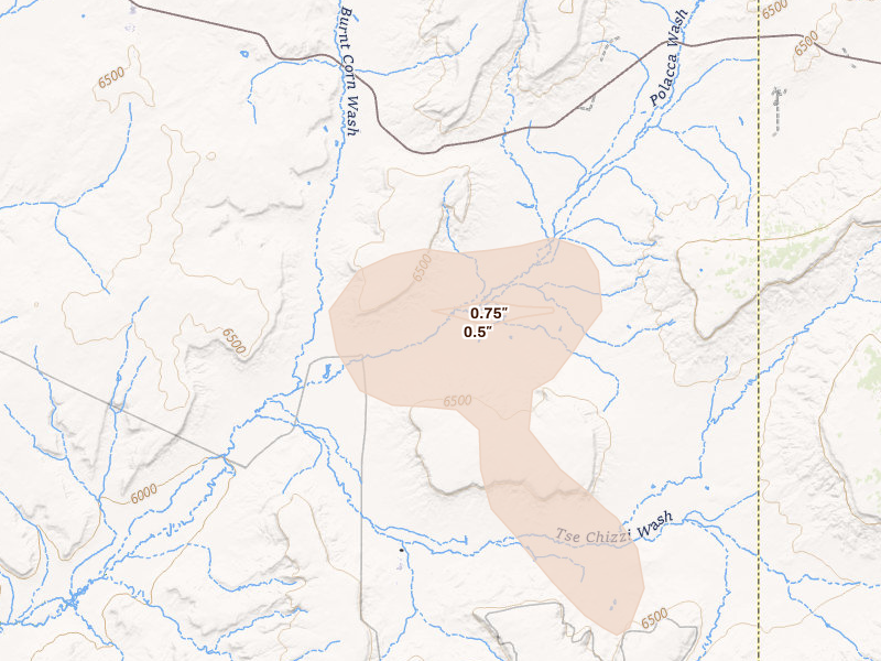 Radar-estimated hail-size map of the storm over Blue Gap, AZ on Jul 21, 2026
