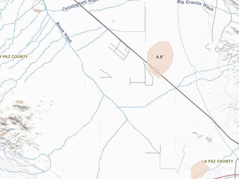 Radar-estimated hail-size map of the storm over Bouse, AZ on Aug 23, 2026