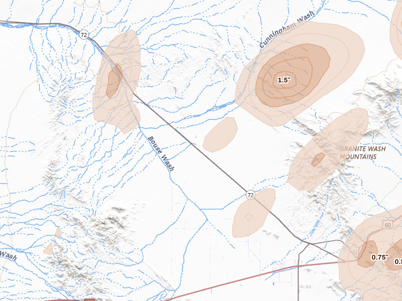 Radar-estimated hail-size map of the storm over Bouse, AZ on Aug 30, 2026