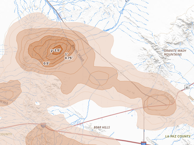 Radar-estimated hail-size map of the storm over Bouse, AZ on Aug 31, 2026