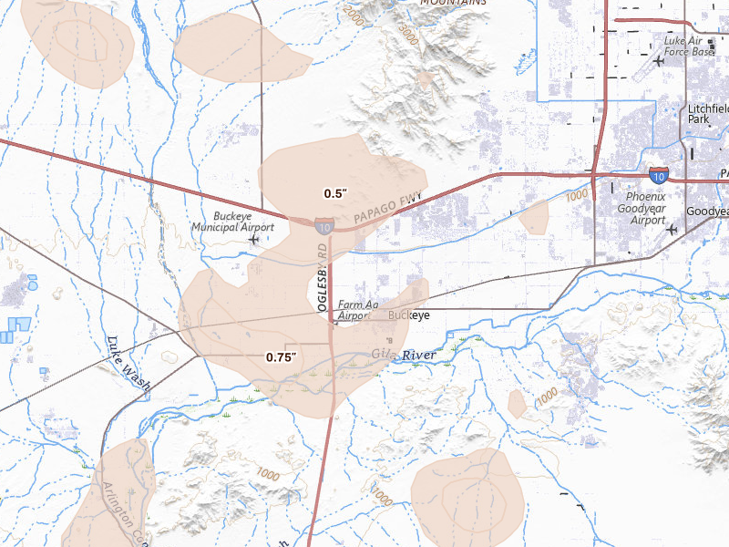 Radar-estimated hail-size map of the storm over Buckeye, AZ on Aug 9, 2026