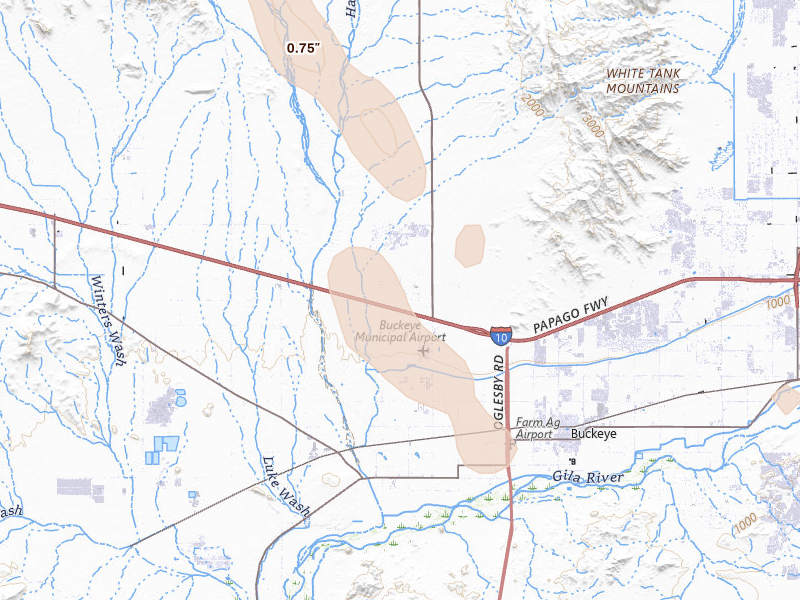 Radar-estimated hail-size map of the storm over Buckeye, AZ on Aug 10, 2026
