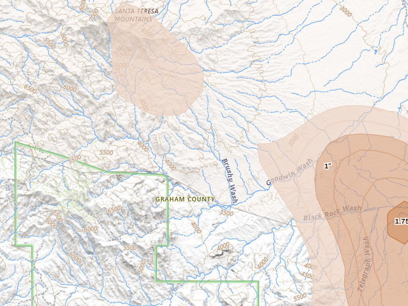 Radar-estimated hail-size map of the storm over Bylas, AZ on Aug 10, 2026