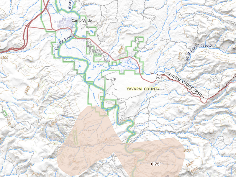Radar-estimated hail-size map of the storm over Camp Verde, AZ on May 25, 2026