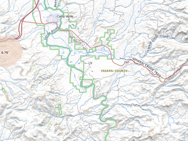 Radar-estimated hail-size map of the storm over Camp Verde, AZ on Jul 25, 2026
