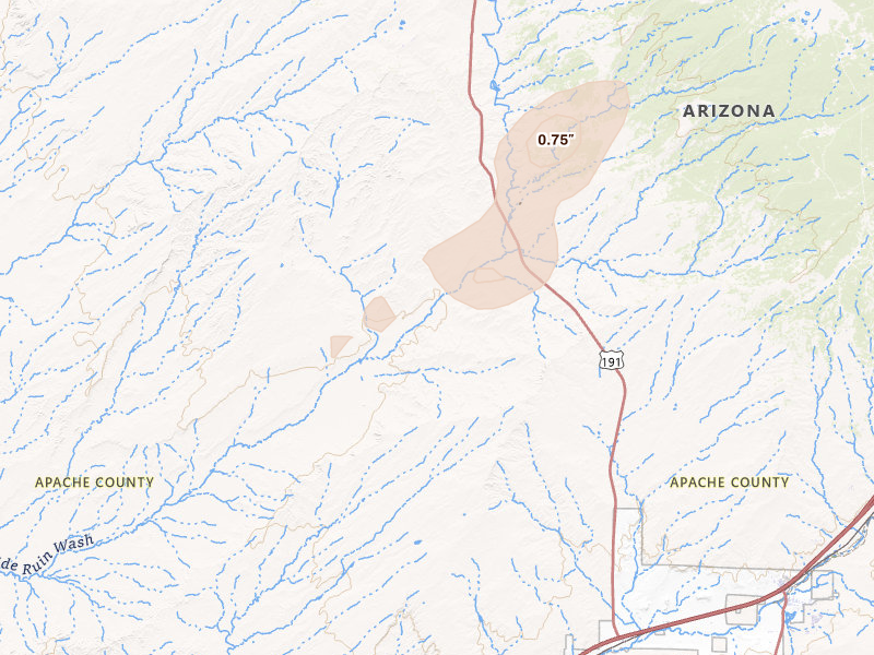Radar-estimated hail-size map of the storm over Chambers, AZ on Jun 26, 2026