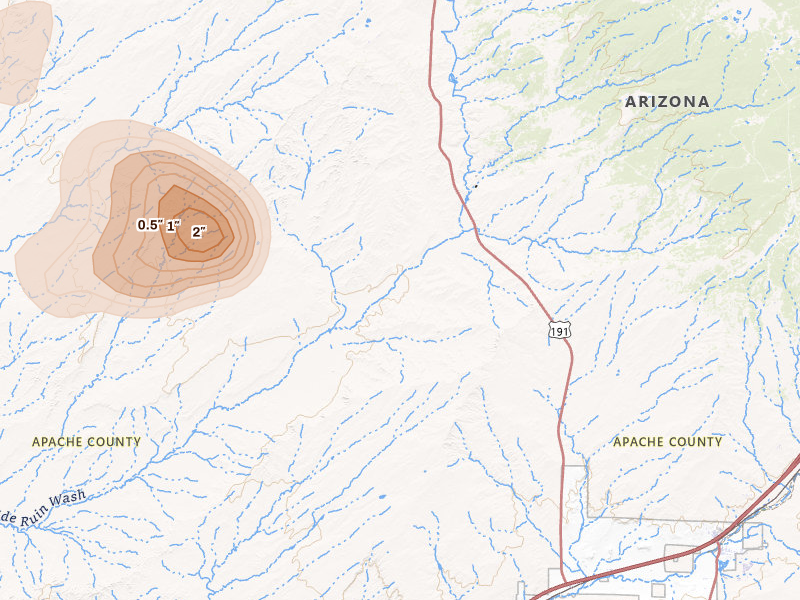 Radar-estimated hail-size map of the storm over Chambers, AZ on Jul 21, 2026