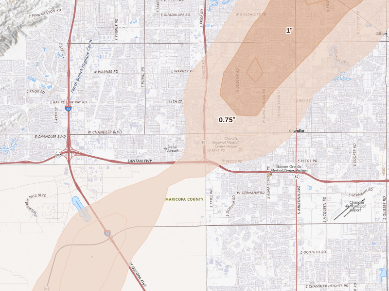 Radar-estimated hail-size map of the storm over Chandler, AZ