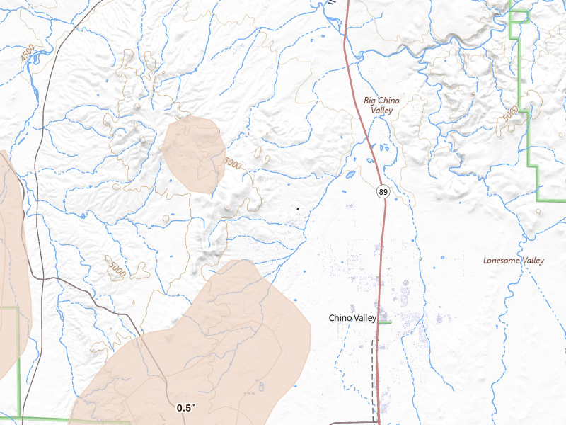 Radar-estimated hail-size map of the storm over Chino Valley, AZ on Jul 19, 2026