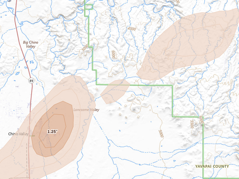 Radar-estimated hail-size map of the storm over Chino Valley, AZ on Aug 14, 2026