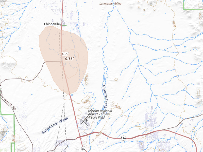 Radar-estimated hail-size map of the storm over Chino Valley, AZ on Aug 20, 2026