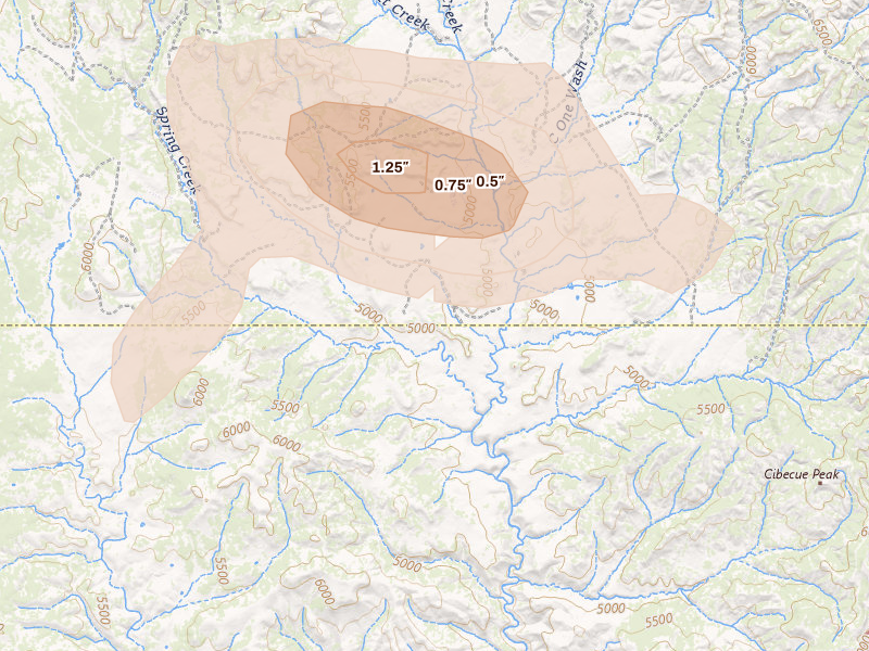 Radar-estimated hail-size map of the storm over Cibecue, AZ on Aug 7, 2026