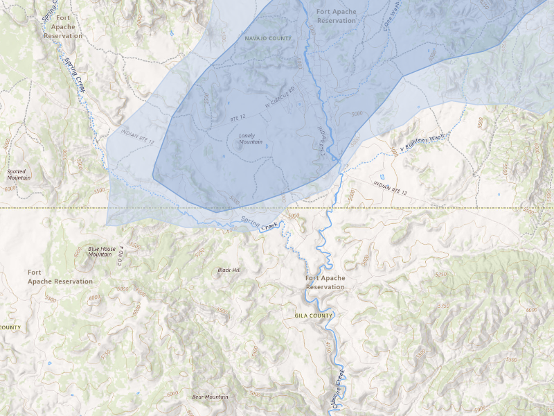 NEXRAD radar-signature map of the hail storm over Cibecue, AZ on Aug 10, 2026