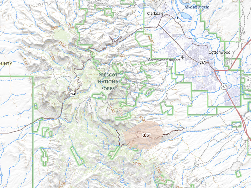Radar-estimated hail-size map of the storm over Clarkdale, AZ on Jun 14, 2026