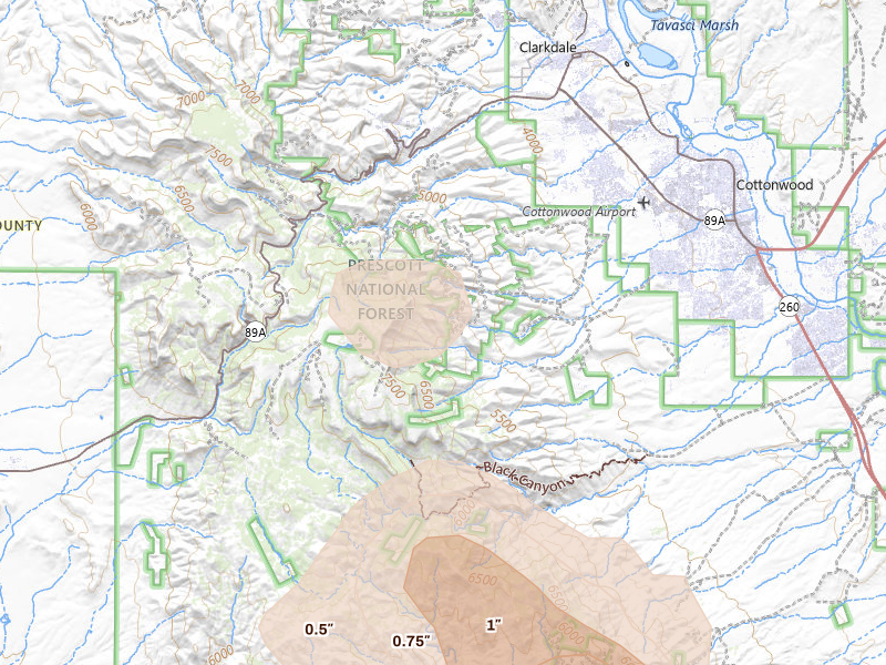Radar-estimated hail-size map of the storm over Clarkdale, AZ on Jul 20, 2026