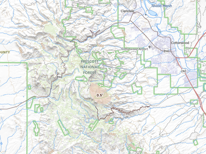 Radar-estimated hail-size map of the storm over Clarkdale, AZ on Jul 25, 2026