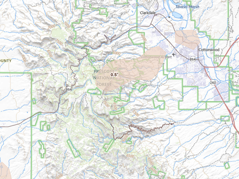 Radar-estimated hail-size map of the storm over Clarkdale, AZ on Aug 12, 2026