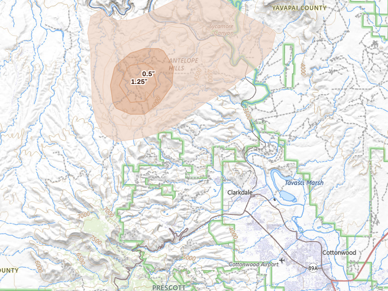Radar-estimated hail-size map of the storm over Clarkdale, AZ on Aug 29, 2026
