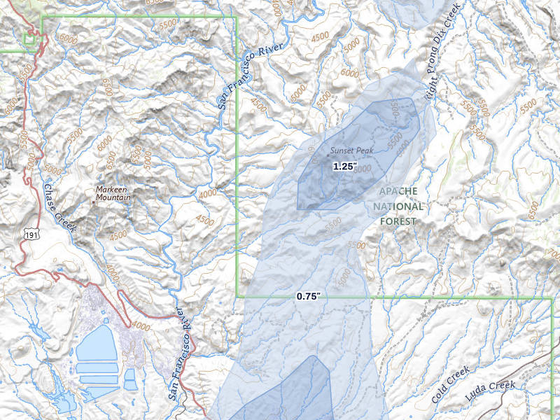 NEXRAD radar-signature map of the hail storm over Clifton, AZ on Jul 11, 2026