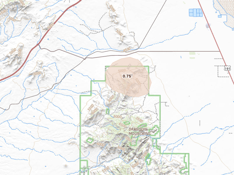 Radar-estimated hail-size map of the storm over Cochise, AZ on Jun 3, 2026