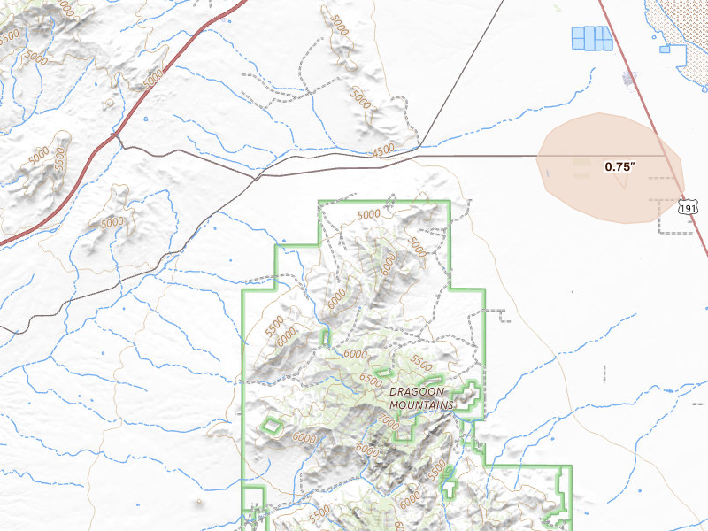 Radar-estimated hail-size map of the storm over Cochise, AZ on Jul 12, 2026