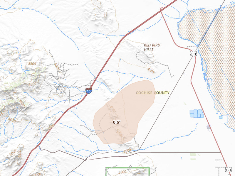 Radar-estimated hail-size map of the storm over Cochise, AZ on Aug 3, 2026