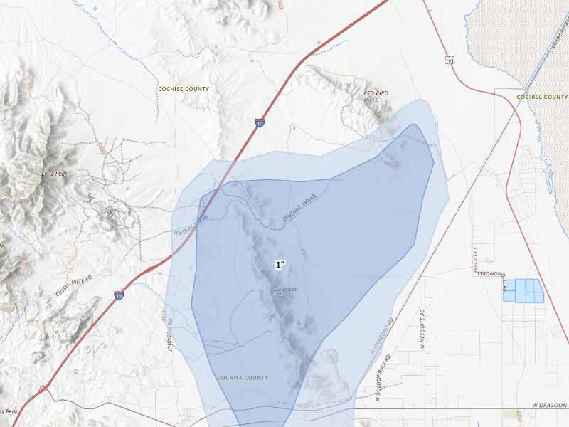 NEXRAD radar-signature map of the hail storm over Cochise, AZ on Aug 3, 2026