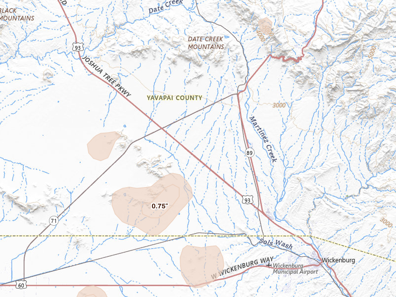 Radar-estimated hail-size map of the storm over Congress, AZ on Aug 9, 2026