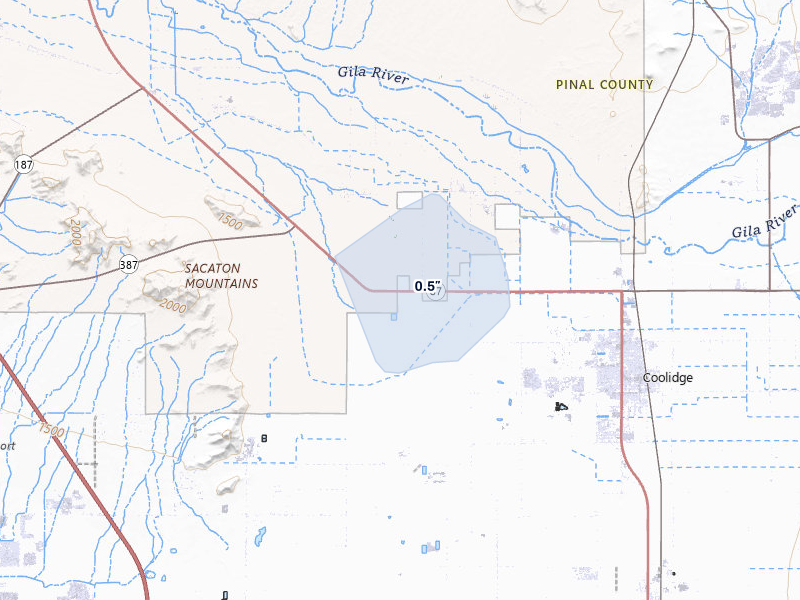 NEXRAD radar-signature map of the hail storm over Coolidge, AZ on Jul 25, 2026