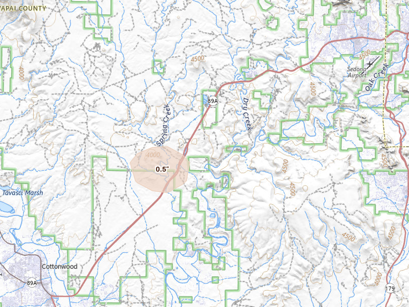Radar-estimated hail-size map of the storm over Cornville, AZ on Jul 18, 2026