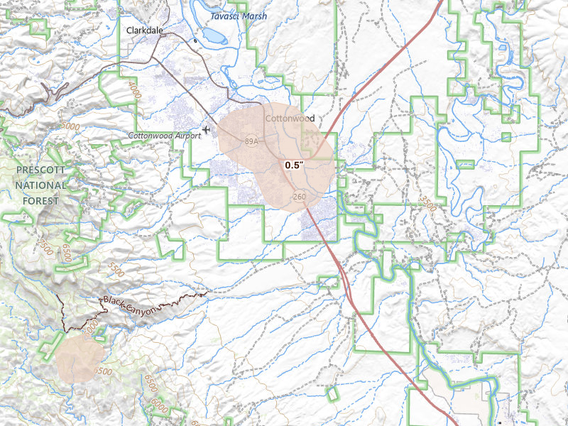 Radar-estimated hail-size map of the storm over Cottonwood, AZ on Aug 6, 2026
