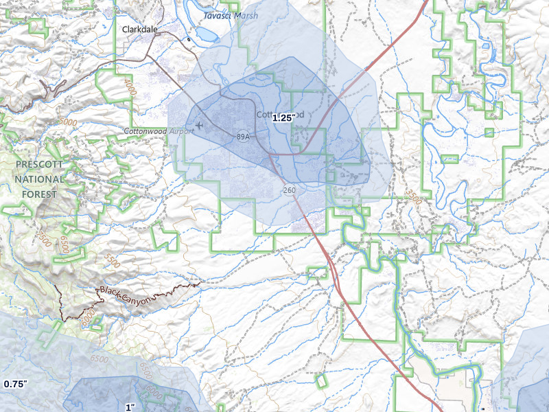 NEXRAD radar-signature map of the hail storm over Cottonwood, AZ on Aug 6, 2026