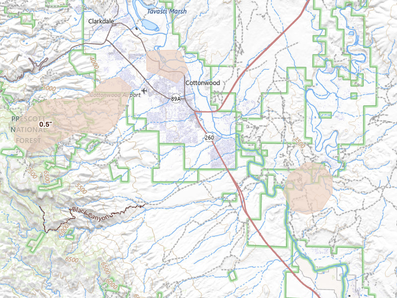 Radar-estimated hail-size map of the storm over Cottonwood, AZ on Aug 12, 2026