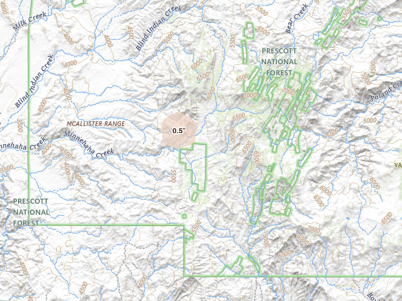 Radar-estimated hail-size map of the storm over Crown King, AZ on Jun 16, 2026