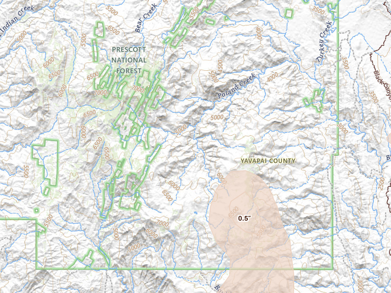 Radar-estimated hail-size map of the storm over Crown King, AZ on Aug 8, 2026