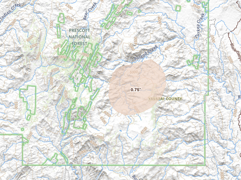 Radar-estimated hail-size map of the storm over Crown King, AZ on Aug 20, 2026