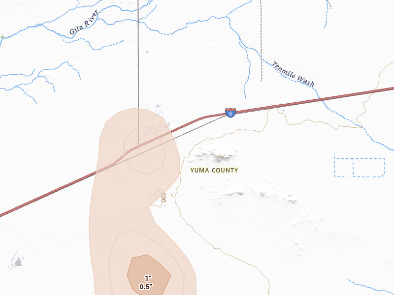 Radar-estimated hail-size map of the storm over Dateland, AZ on Aug 9, 2026