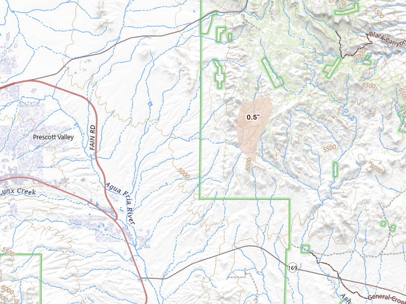 Radar-estimated hail-size map of the storm over Dewey, AZ on Jul 12, 2026